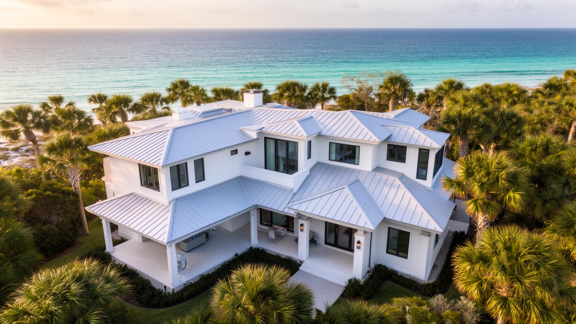 Aerial view of a luxury Emerald Coast home with metal roof