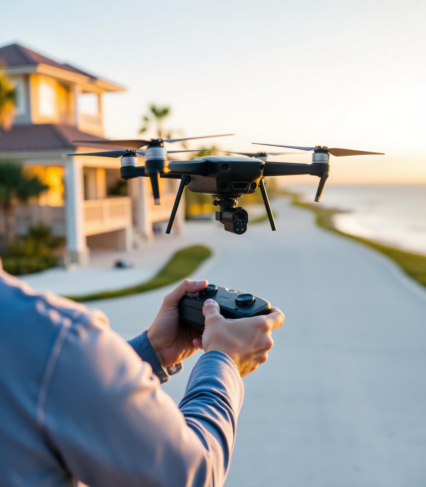 Pilot operating a drone on a 30A property